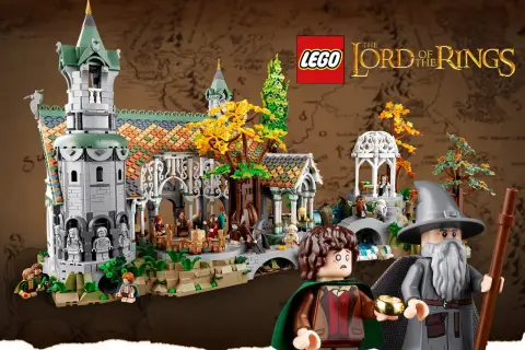 Lego Bruchtal mit Gandalf und Frodo. Das Set zeigt das Elbenreich mit detailreicher Architektur und vielen Figuren.