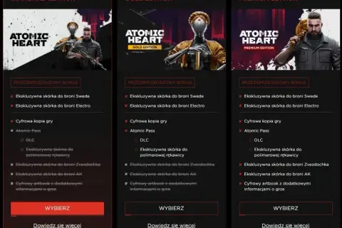 Porównanie edycji Atomic Heart: Standard, Gold i Premium. Edycja Gold i Premium zawierają Atomic Pass, cyfrową kopię gry i bonusy.