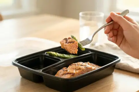 Smaczny łosoś z szparagami w pojemniku. Idealny catering dla diabetyków, dbający o zdrowie i smak.