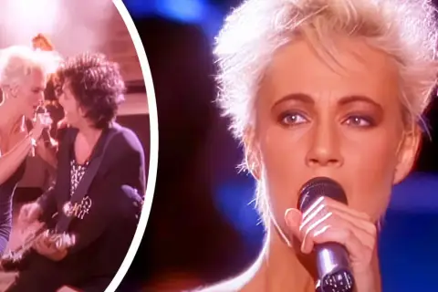 Marie Fredriksson z Roxette śpiewa "Alouette po polsku". W tle zespół, w tym Per Gessle.