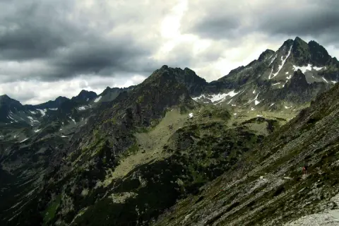 Kamienista droga pod reglami w Tatrach, z widokiem na skaliste szczyty i pochmurne niebo.
