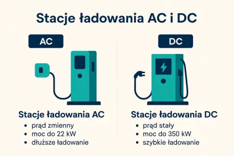 Ilustracja porównuje stacje ładowania AC i DC. Po lewej stacja AC, po prawej DC, obie gotowe do ładowania samochodu elektrycznego.