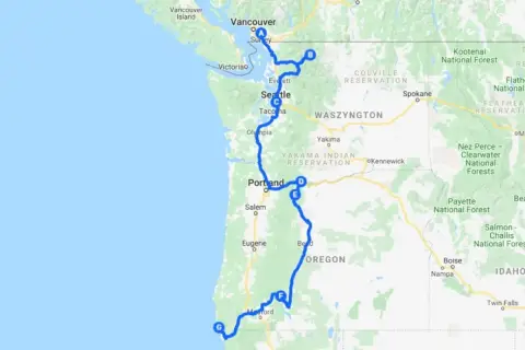 Trasa podróży przez kraje Ameryki Północnej: Vancouver, Seattle, Portland, Oregon. Widoczne też części Waszyngtonu i Idaho.