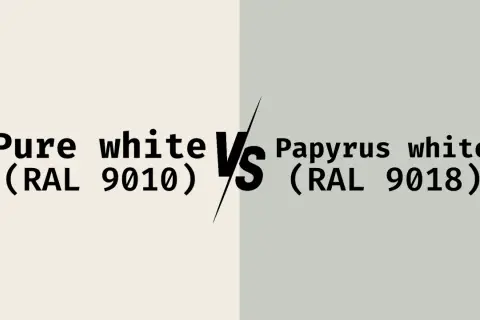 Jämförelse mellan Pure white (RAL 9010) och Papyrus white (RAL 9018).