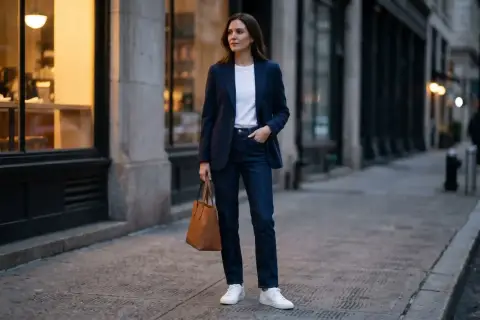 Kobieta w granatowej marynarce i jeansach, z brązową torbą, prezentuje styl smart casual.