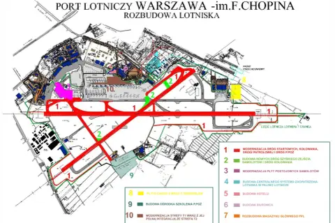 Plan rozbudowy Lotniska Chopina w Warszawie. Widać modernizację dróg startowych (1) i budowę nowych dróg szybkiego zejścia (2).