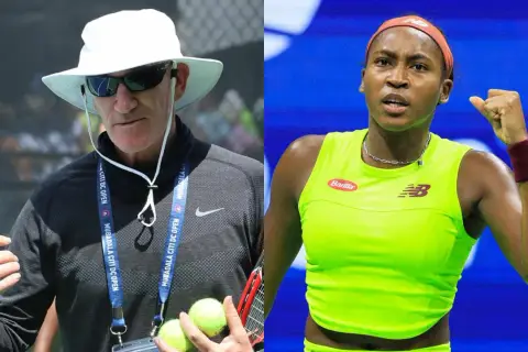Trener Coco Gauff, w białym kapeluszu, omawia strategię z zawodniczką.