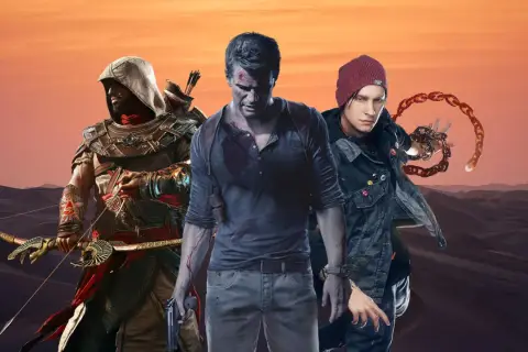 Trzech bohaterów gier: Bayek z Assassin's Creed Origins, Nathan Drake z Uncharted i Delsin Rowe z Infamous Second Son, na tle pustyni. Idealne dla fanów gier podobnych do Uncharted.