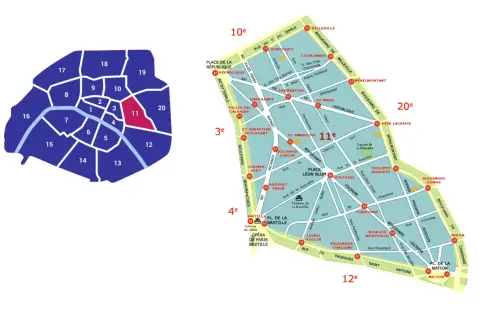 Mapa Paryża z zaznaczonym 11 dzielnicą. Kolor czerwony wyróżnia obszar 11e, który obejmuje Place de la République i Place de la Bastille.