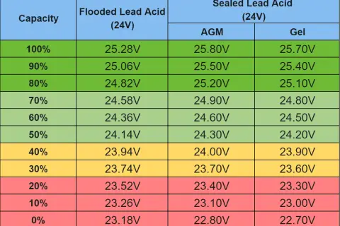 Tabela porównująca napięcie akumulatorów 24V (Flooded, AGM, Gel) w zależności od poziomu naładowania.