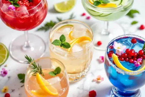 Cinq cocktails colorés, garniture de fruits et menthe, prêts pour une fête. Un cocktail 5 alcool pour tous les goûts.