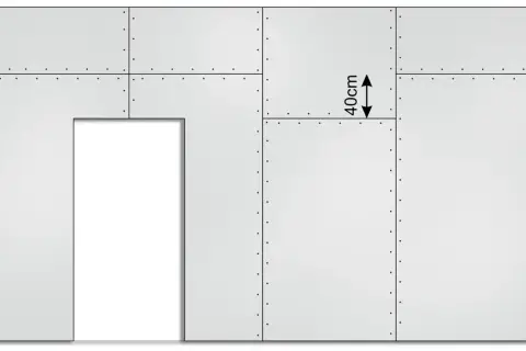 Schemat przedstawia fragment ściany z płyt gipsowo-kartonowych, z zaznaczonymi wymiarami płyty gk 40cm.