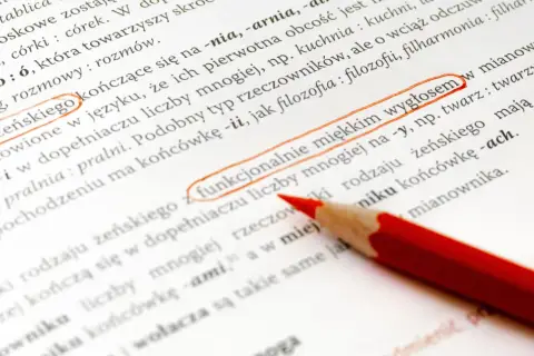 Czerwona kredka podkreśla fragment tekstu o odmianie rzeczowników, wyjaśniając, co oznacza nom.