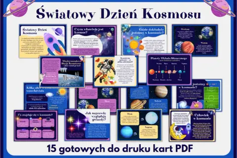 Kosmos pomoce dydaktyczne: kolorowa plansza edukacyjna o kosmosie, planetach, gwiazdach i podróżach kosmicznych.