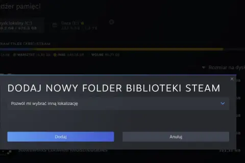Okienko "DODAJ NOWY FOLDER BIBLIOTEKI STEAM" z opcją wyboru lokalizacji. Czy można przenieść grę z jednego konta Steam na drugie?