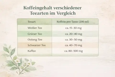 Vergleich des Koffeingehalts: Schwarzer Tee enthält ca. 40-70 mg pro Tasse, mehr als grüner oder weißer Tee, aber weniger als Kaffee.