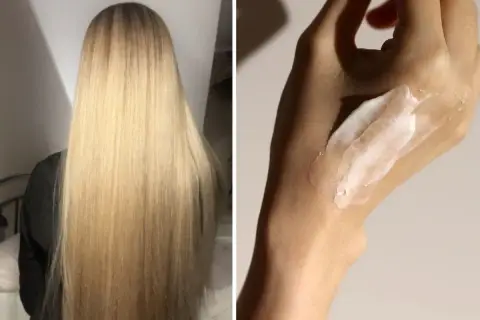 Długie, blond włosy i biały krem na dłoni, być może efekt pielęgnacji Isana Plex.