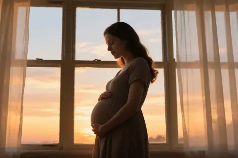 Kobieta w ciąży przy oknie, otoczona ciepłym światłem zachodzącego słońca. Czuć w niej spokój i radość, jakby doświadczała hormonu szczęścia.