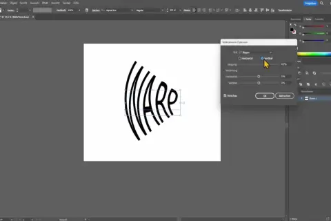 Buchstaben ineinander verschlungen in Illustrator, der Text "WARP" wird vertikal verkrümmt.
