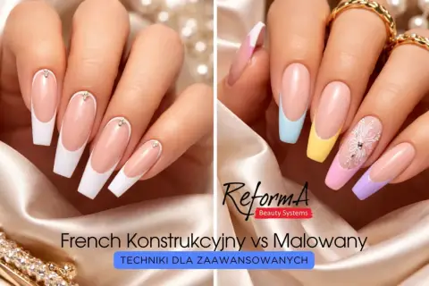 Dwie dłonie prezentują techniki zdobienia paznokci: klasyczny french konstrukcyjny z cyrkoniami i kolorowy french malowany z motywem płatka śniegu.