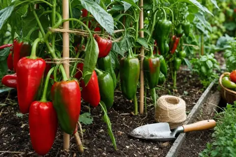 Des poivrons rouges et verts mûrissent sur une poivron plante dans un potager. Une petite pelle et une bobine de ficelle sont à proximité.
