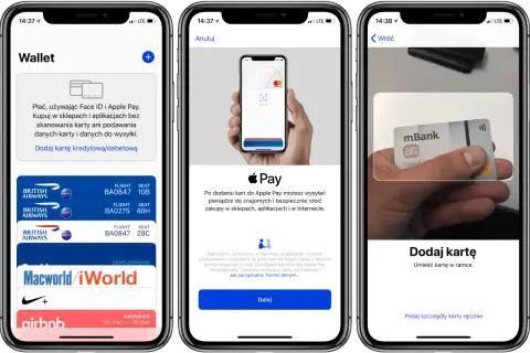 Jak dodać kartę do Apple Pay? Ekran iPhone'a pokazuje proces dodawania karty, od Wallet po skanowanie karty.