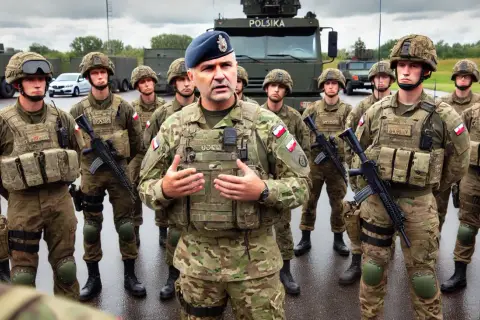 Dowódca w mundurze polowym przemawia do żołnierzy. W razie wojny kto idzie do wojska? Ci młodzi mężczyźni w pełnym rynsztunku.