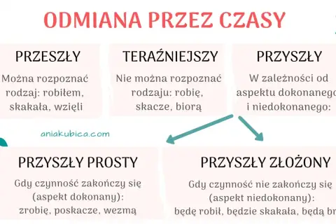 Grafika wyjaśnia odmianę czasów w języku polskim. Unikaj językowej abominacji, ucząc się czasów przeszłego, teraźniejszego i przyszłego (prostego i złożonego).