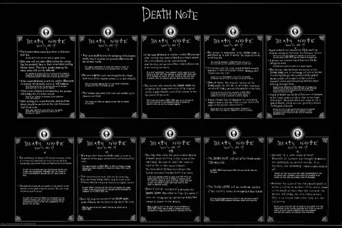 Zasady używania Death Note. Na czarnym tle, w białych ramkach, wypisano zasady działania notatnika śmierci.