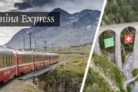 Bernina Express: malownicza trasa i ceny biletów. Widok na czerwony pociąg w górach i kamienny wiadukt z flagami.