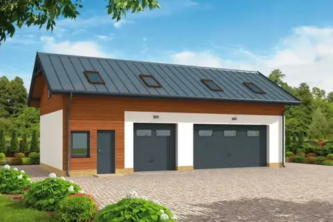 Nowoczesny projekt garażu z poddaszem użytkowym, dwustanowiskowy, z drewnianą elewacją i dachówką.