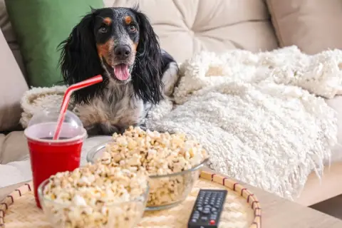 Pies na kanapie z popcornem i napojem. Czy pies może jeść popcorn? Ten słodki piesek wygląda, jakby chciał się dowiedzieć.