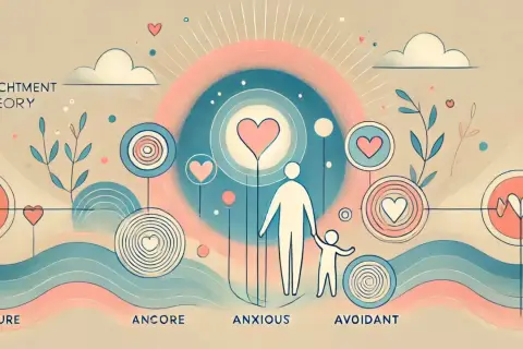 Teoria dell'attaccamento: un adulto e un bambino, con cuori stilizzati e cerchi concentrici, rappresentano stili come "secure", "ancore", "anxious" e "avoidant", illustrando l'attaccamento evitante.