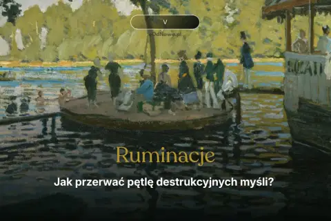 Obraz w stylu impresjonistycznym przedstawiający ludzi na łodzi i w wodzie, z tekstem "Ruminacje".