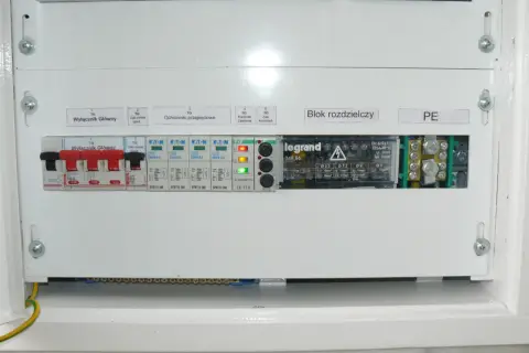 Zabezpieczenie kontrolek faz w rozdzielnicy elektrycznej. Widoczne wyłączniki, ochronniki przepięciowe i blok rozdzielczy.