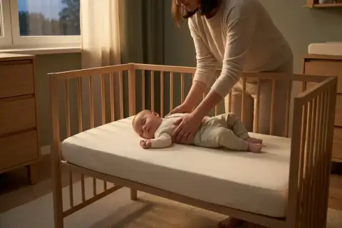 Mama delikatnie kładzie śpiące dziecko do łóżeczka, ucząc je samodzielnego zasypiania.