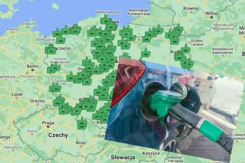Mapa Polski i okolic z zaznaczonymi stacjami paliw. Widoczny jest dystrybutor paliwa, sugerujący podróż i tankowanie CNG i LPG.