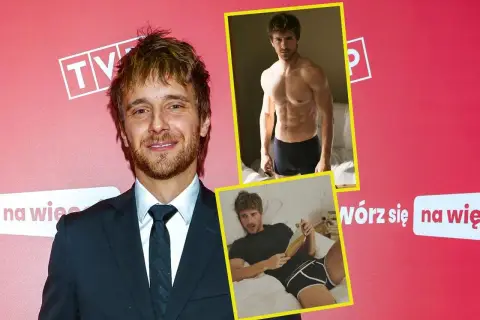 Maciej Musiał wzrost. Aktor w garniturze i dwie wstawki z sesji w bieliźnie.
