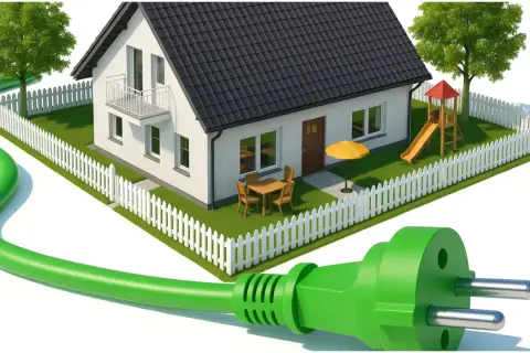 Zielony kabel z wtyczką otacza dom z placem zabaw. To symbol magazynu ciepła i ekologicznej energii dla domu.