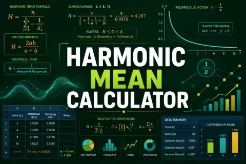 Kalkulator średniej harmonicznej pokazuje jej wzór i zastosowanie. Wartość 4.267 to średnia harmoniczna.