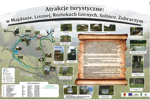 Mapa turystyczna z atrakcjami w okolicach Majdanu koło Cisnej, m.in. wieże widokowe, zabytki i szlaki.