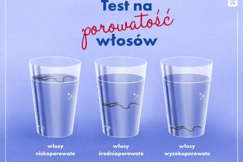 Test na porowatość włosów: włosy niskoporowate unoszą się, średnioporowate toną powoli, a wysokoporowate szybko opadają na dno.