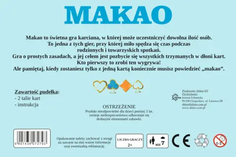 Gra karciana "Makao" dla 2+ graczy, wiek 7+. Zasady proste, cel: pozbyć się kart. Pamiętaj o okrzyku "makao"!