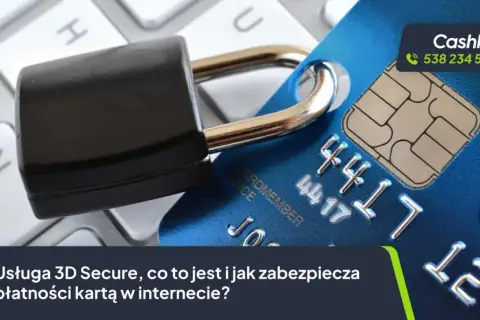 Kłódka zabezpiecza kartę płatniczą na klawiaturze, symbolizując bezpieczeństwo transakcji online dzięki usłudze 3D Secure.