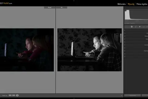 Ojciec i córka patrzą na ekran laptopa. Po lewej zdjęcie przed obróbką, po prawej po.