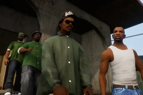 Czterech mężczyzn w zielonych ubraniach i czapce "San Andreas" stoi razem. To scena z gry GTA SA VR.