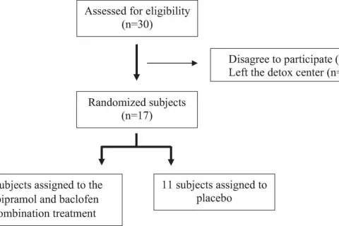 Schemat badania: 30 osób oceniono pod kątem kwalifikacji, 17 zrandomizowano. 6 osób otrzymało opipramol i baklofen, 11 placebo.