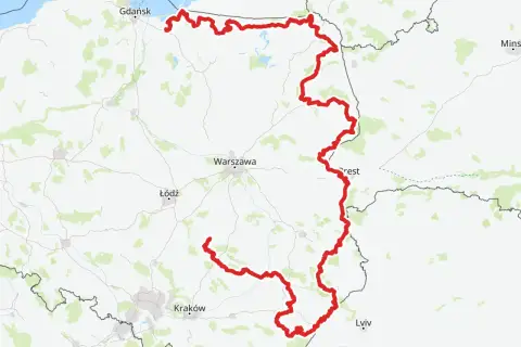 Mapa z zaznaczoną trasą rowerową, która biegnie przez północną i wschodnią Polskę, w tym przez Podkarpacie.
