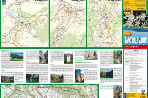 Mapa turystyczna Gór Stołowych z zaznaczonymi atrakcjami, szlakami i miejscowościami jak Kudowa-Zdrój, Duszniki-Zdrój, Polanica-Zdrój.