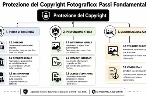 Schema sulla protezione del copyright fotografico: prova di paternità (con dati EXIF), prevenzione attiva e monitoraggio.